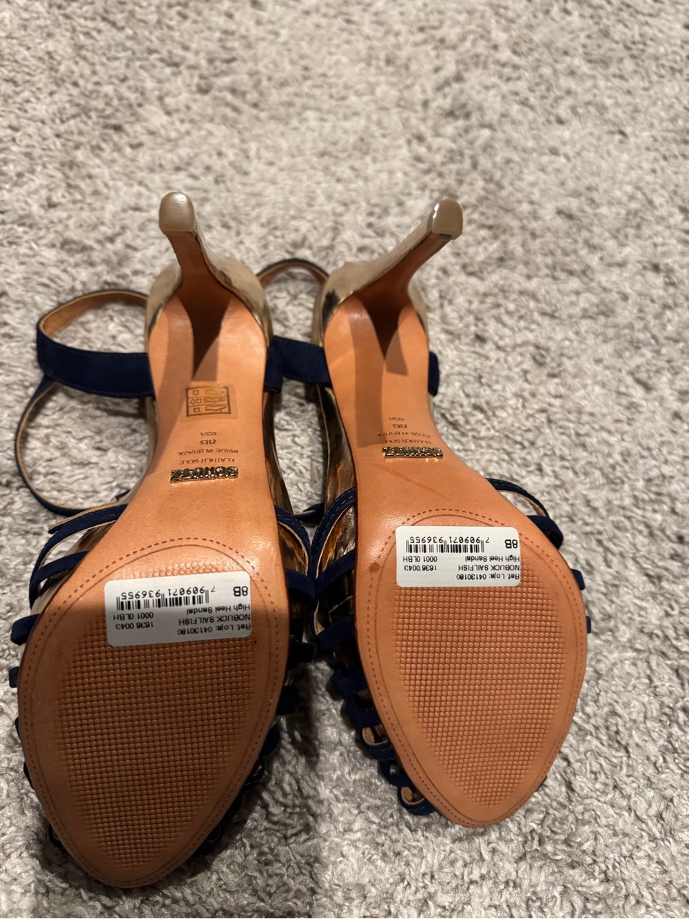 SCHUTZ Navy Strappy T-Bar High Heel Sandals with Gold Footbed - Picture 5 of 9